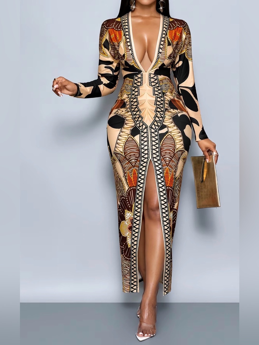 Plunge Neck Long Sleeve Printed Maxi Dress in Beige and Black